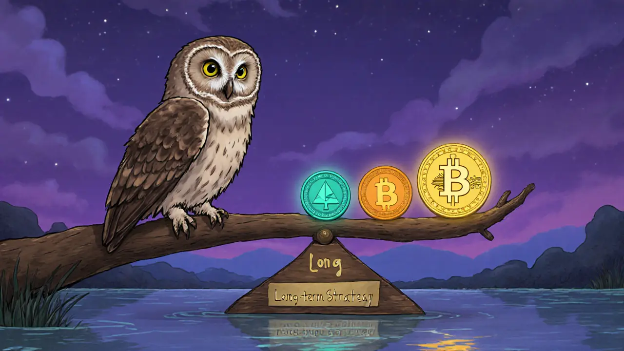 Wise owl watches a scale balancing BTC, ETH, SOL against an empty LONG slot.