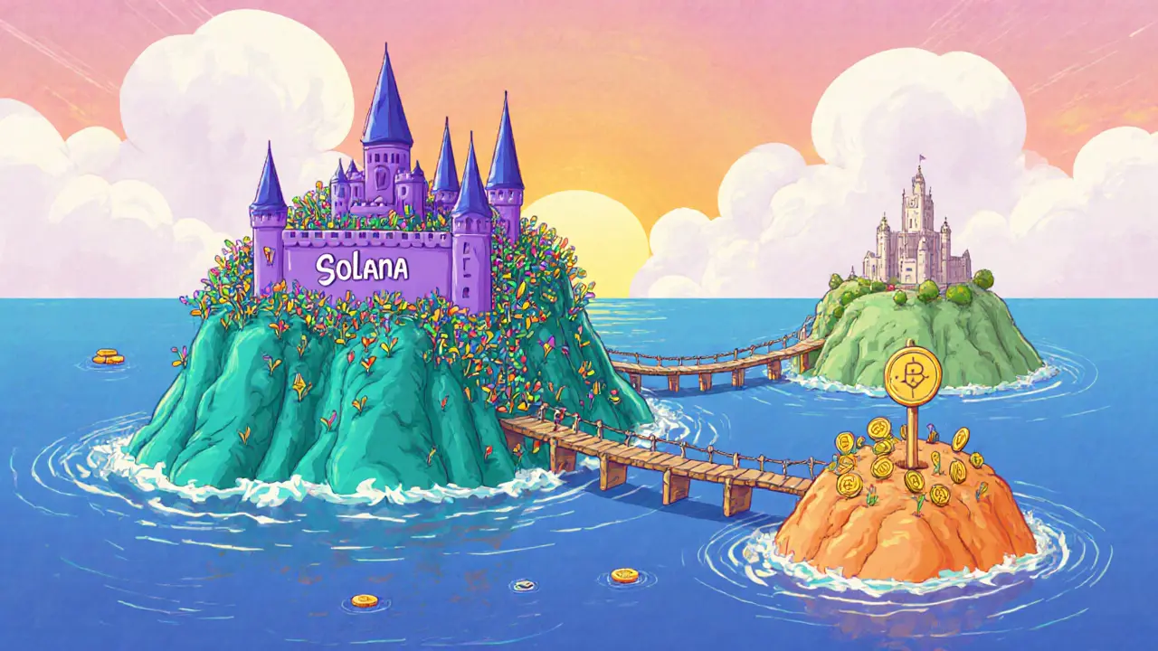 A colorful island chain showing Solana, Ethereum, Base and BSC as distinct islands with many token sprouting.