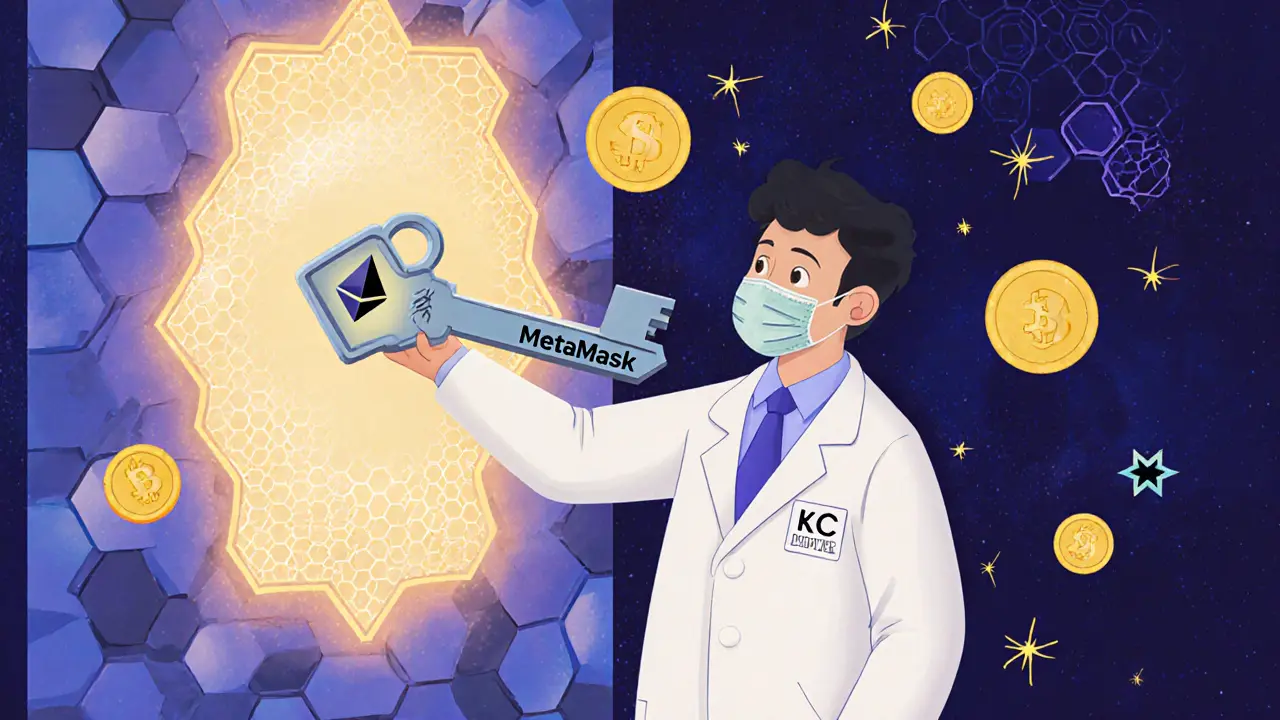 A developer unlocking a portal between Ethereum and QuarkChain, with golden QKC tokens floating between the two worlds.