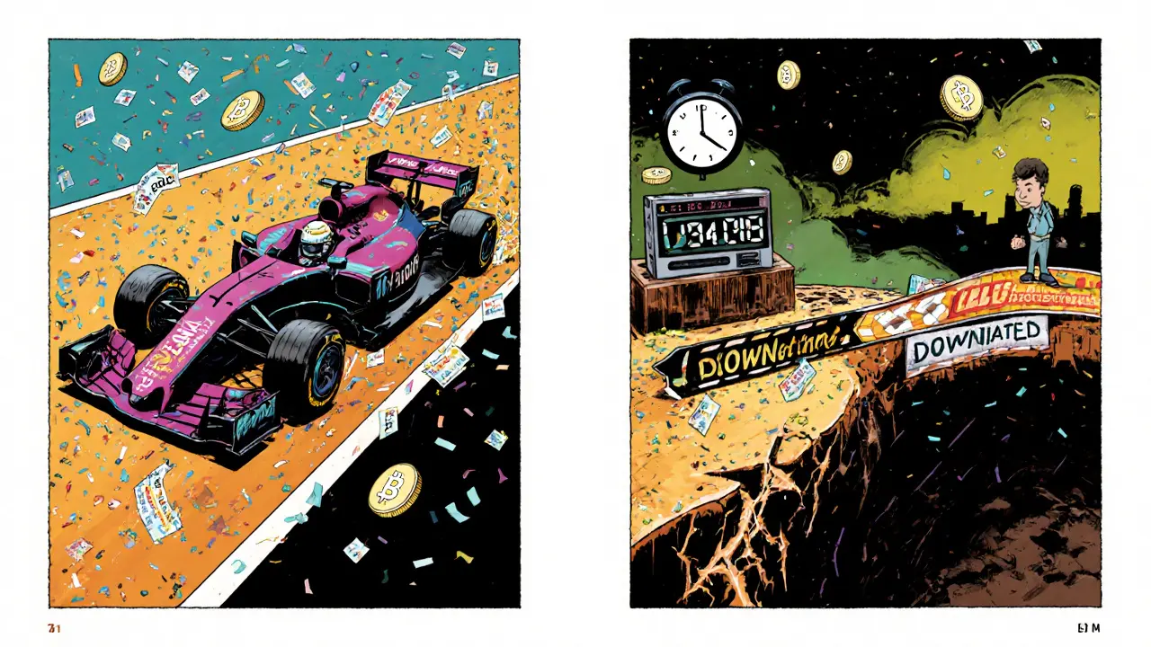 A speed racing car named Solana on a cracking transaction track, with a developer watching as downtime crashes the system.