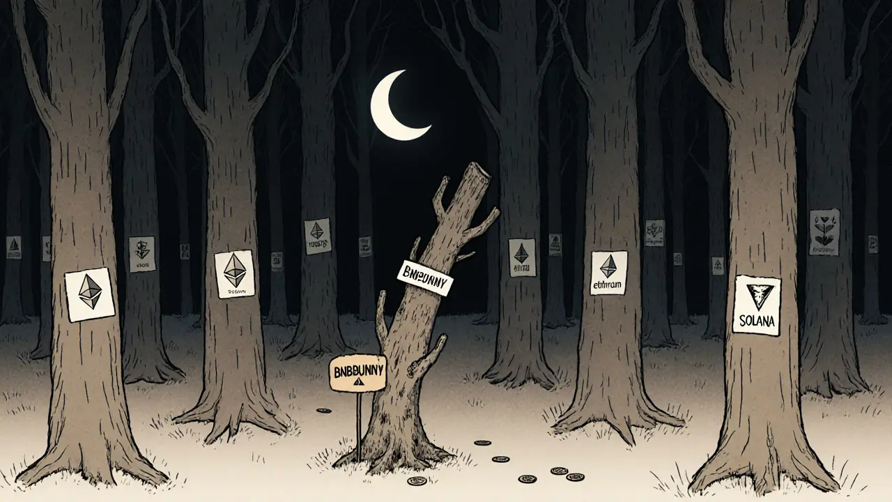 A withered tree labeled BNBBUNNY stands alone in a crypto forest, surrounded by ignored coins.