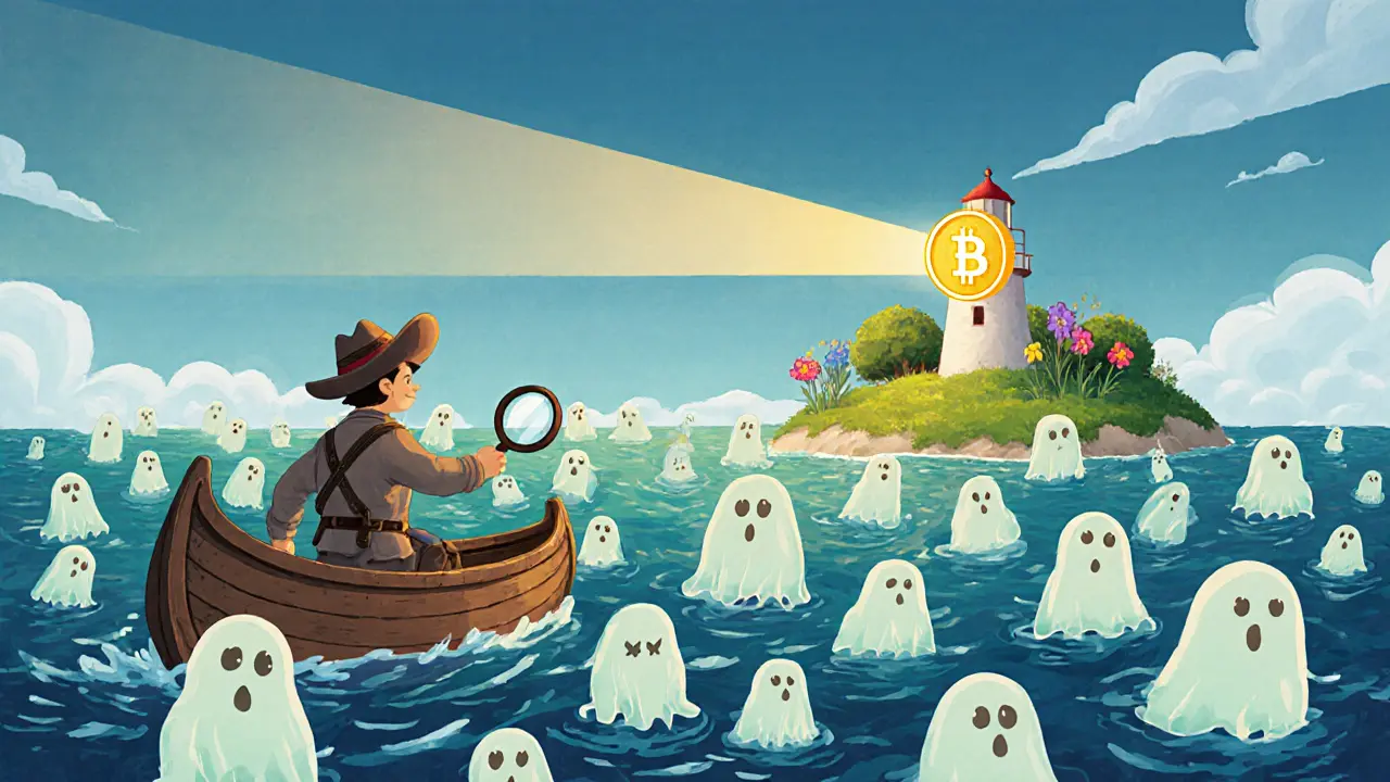 An explorer on a boat sailing past faded dead tokens toward a bright lighthouse shaped like a stablecoin.