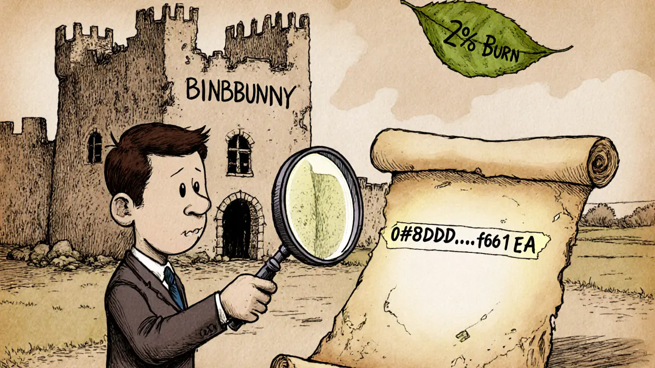 An investor examines a fading contract address as a castle with no doors crumbles behind them.