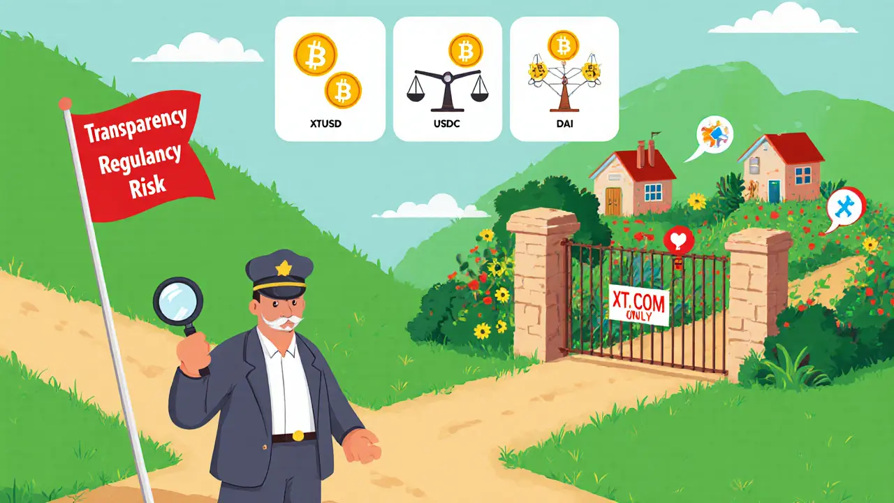 Cartoon crossroads showing red risk flags, a regulator, a locked gate, and floating stablecoin comparison panels.