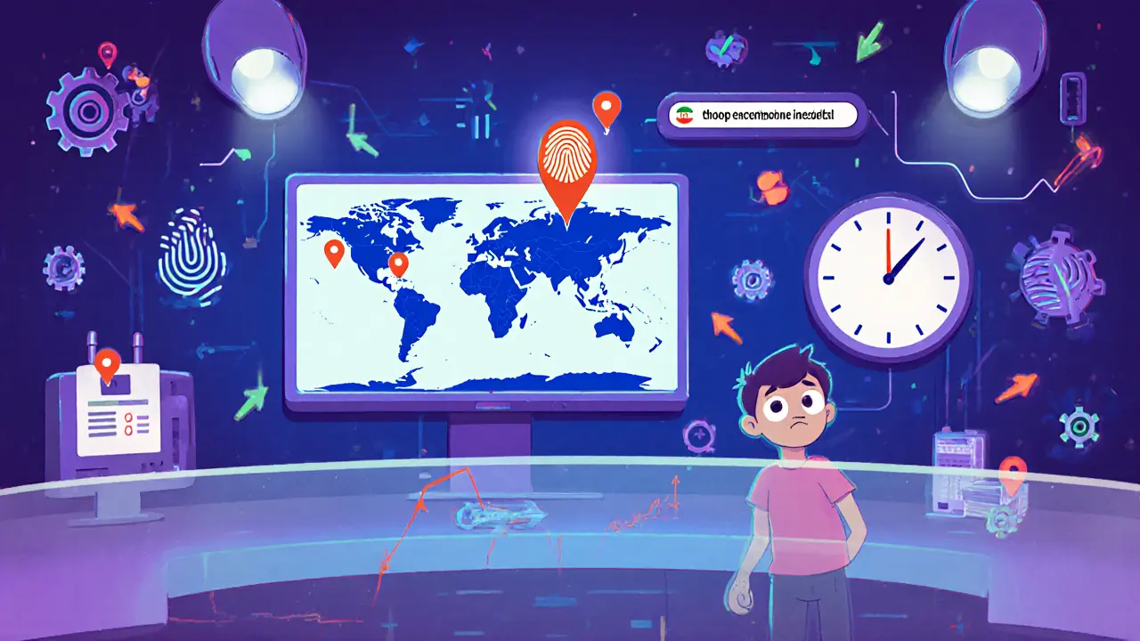 Cartoon exchange dashboard displaying IP map, fingerprint, and alert symbols detecting a user.
