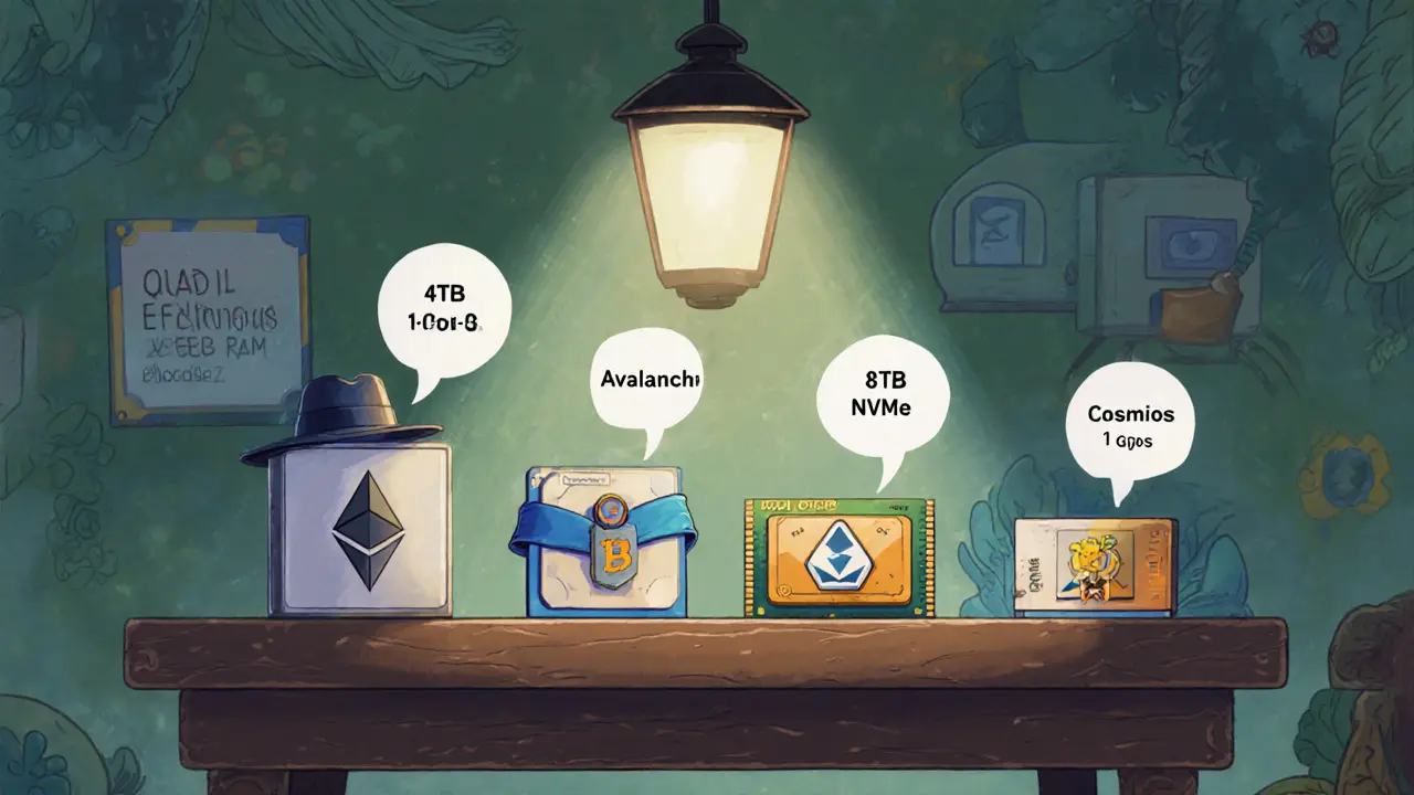Cartoon table shows hardware components labeled for Ethereum, Solana, Avalanche, and Cosmos with spec tags.