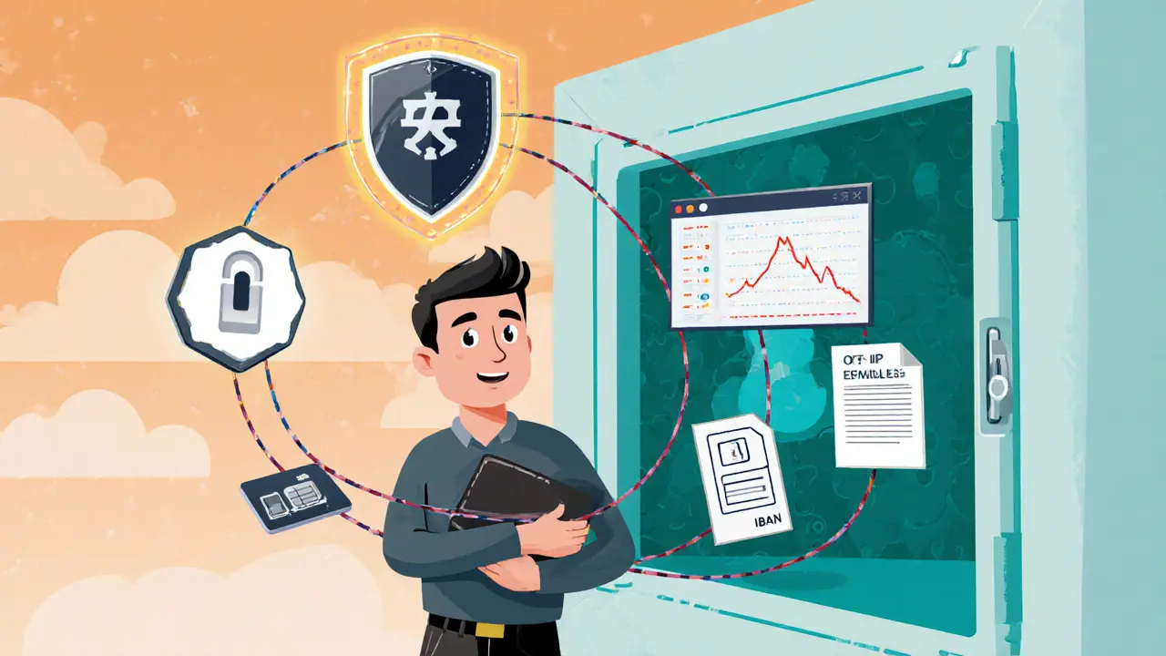Cartoon trader with hardware wallet, shield, VPN icons and safe‑setup items.