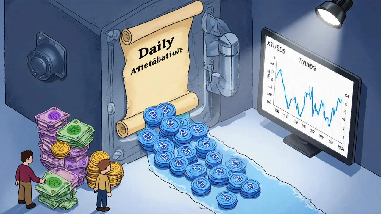 Cartoon vault where users deposit money and blue XTUSD tokens flow out, with a daily attestation scroll.