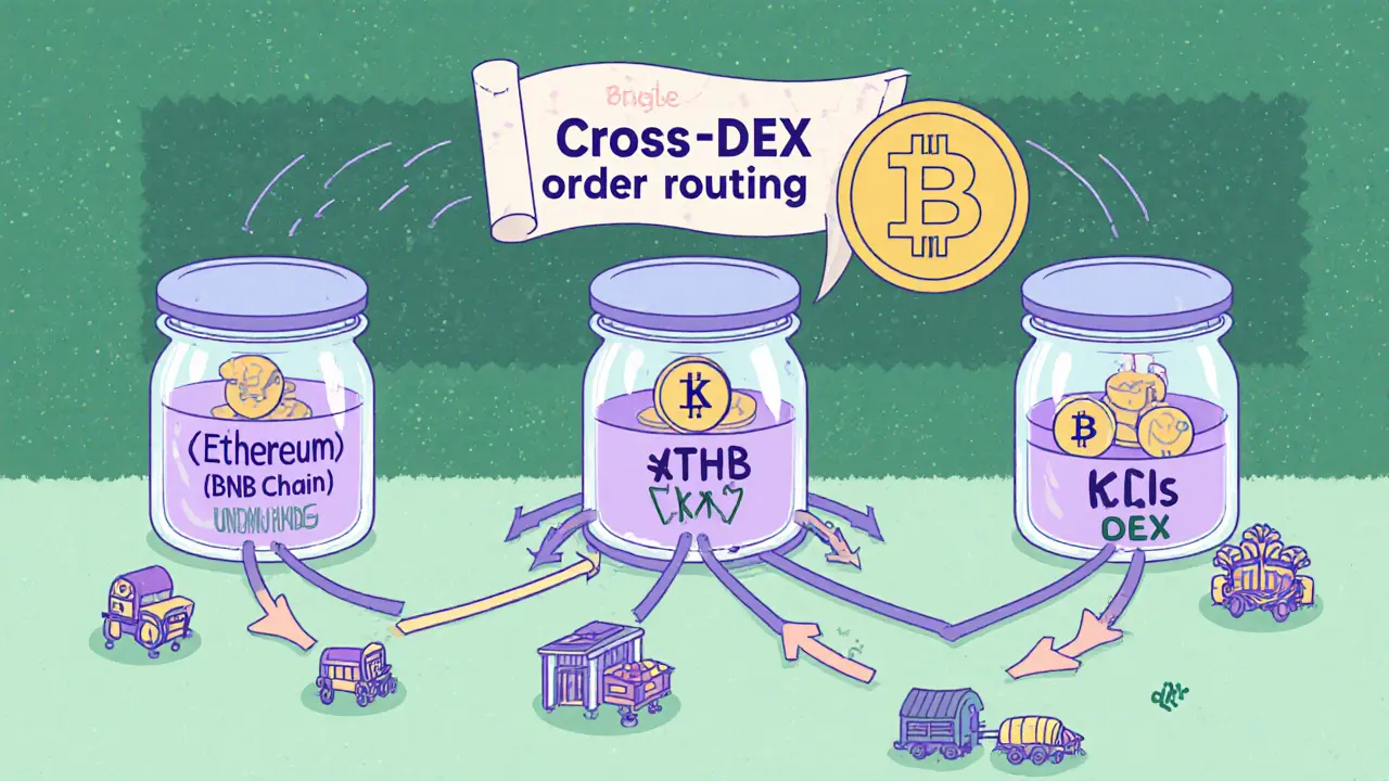Cartoon workshop showing isolated lending pools linked to multiple DEX icons.