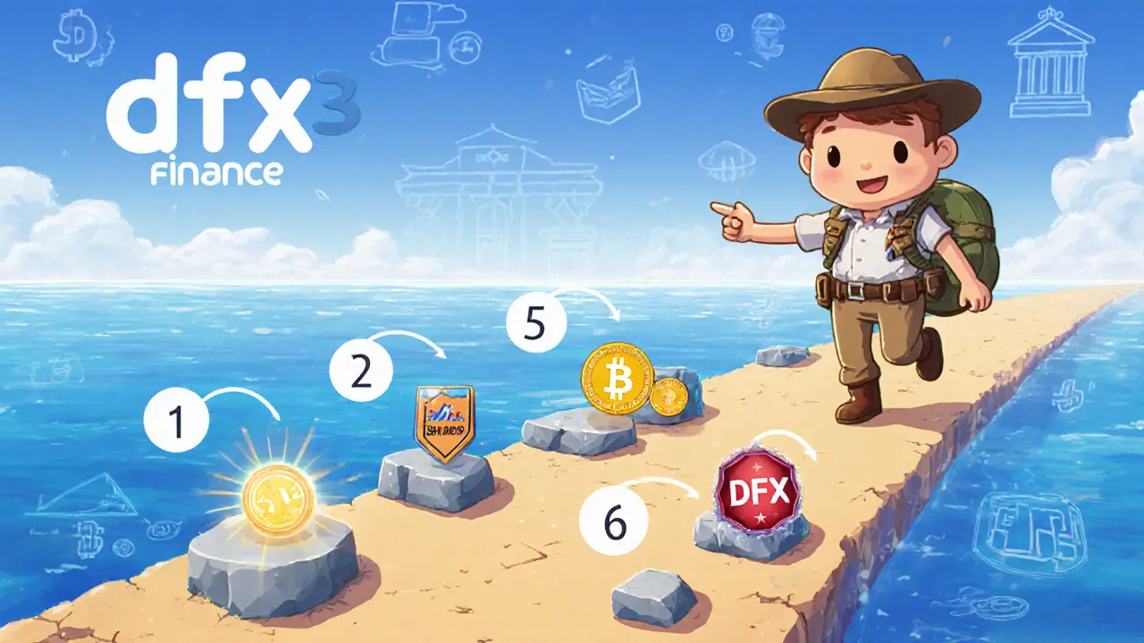Cute guide showing a user connecting a wallet, loading MATIC, swapping stablecoins, and staking DFX tokens.