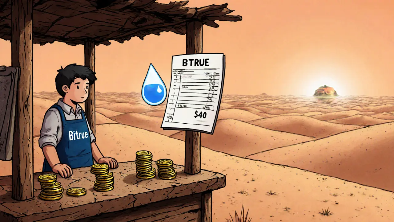 Desert market stall with few EQ coins, a trader, and a tiny volume ledger.
