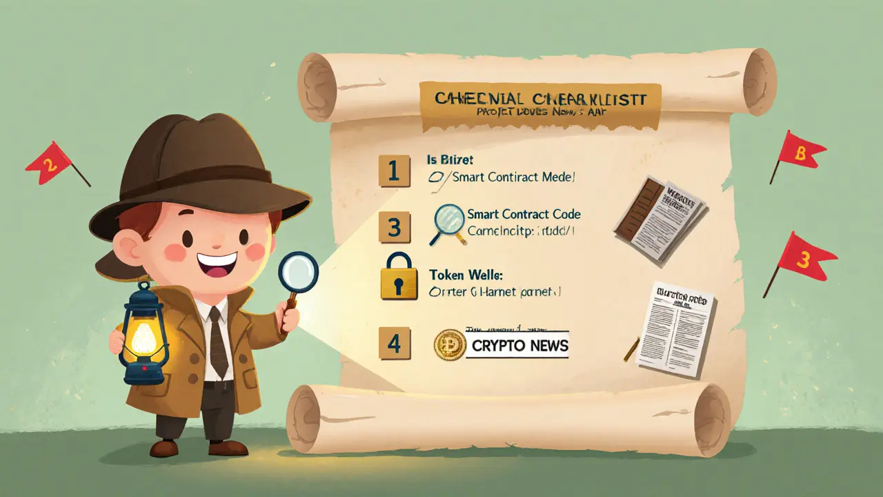 Detective figure checks a six‑step verification scroll with icons for contracts and taxes.