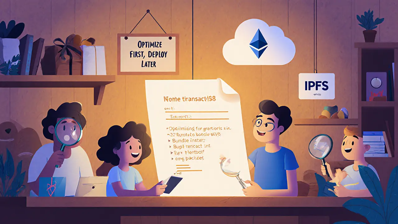 Developers optimizing a smart contract with magnifying glasses, replacing large data types and bundling transactions in a cozy workshop.