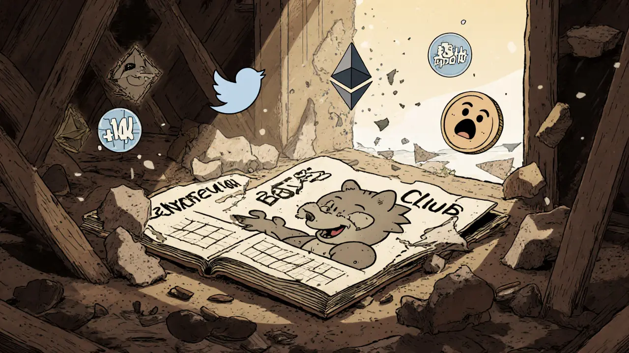 Faded Boy's Club comic in an attic, crypto relics floating away as sunlight fades.