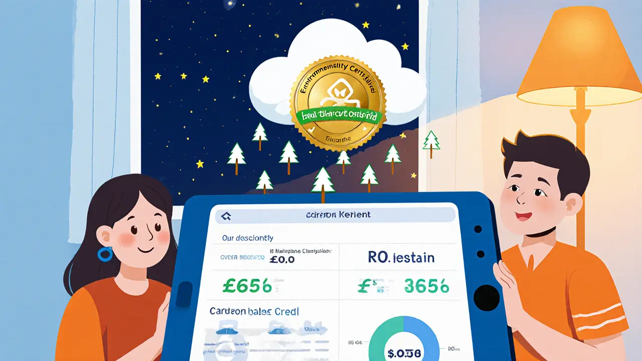 Family looks at a tablet displaying a crypto wallet with a certified badge and rising carbon‑credit trees.