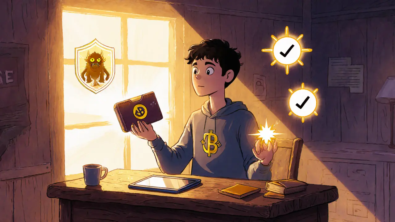 Hero at desk prepares for airdrop with wallet and floating security icons.