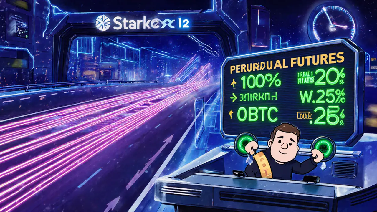 High‑speed blockchain highway illustrating 9,000 tx/s, leverage lever, and fee meters.