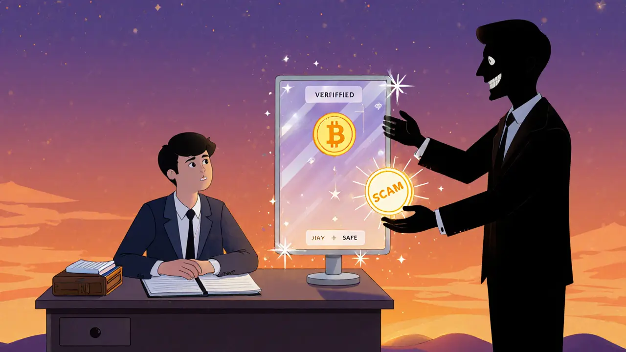 Investor at desk with hardware wallet sees a safe airdrop portal and a shady scam figure.