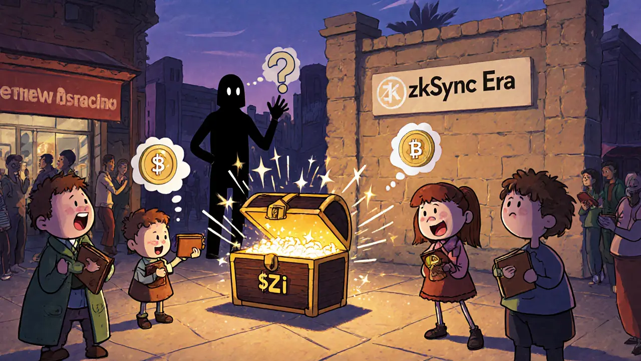 Marketplace scene with traders eyeing a glowing $iZi airdrop chest.