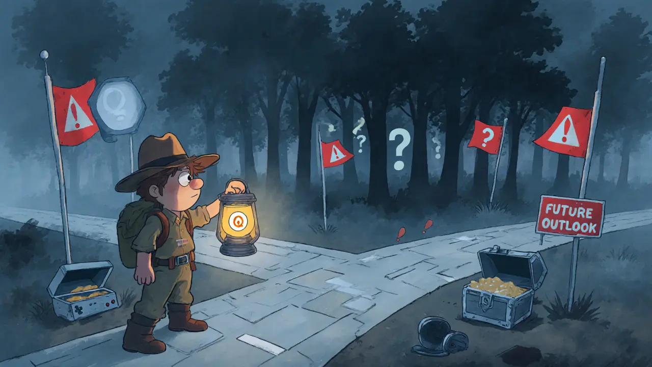 Misty crossroads with warning flags, broken consoles, and an explorer holding an EQ lantern.