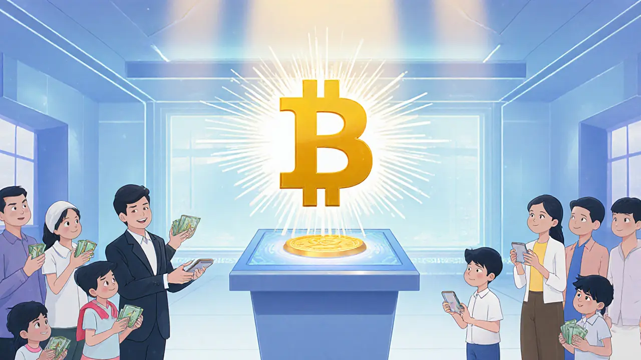 Official unveils glowing digital kyat symbol while citizens watch inside a futuristic bank.