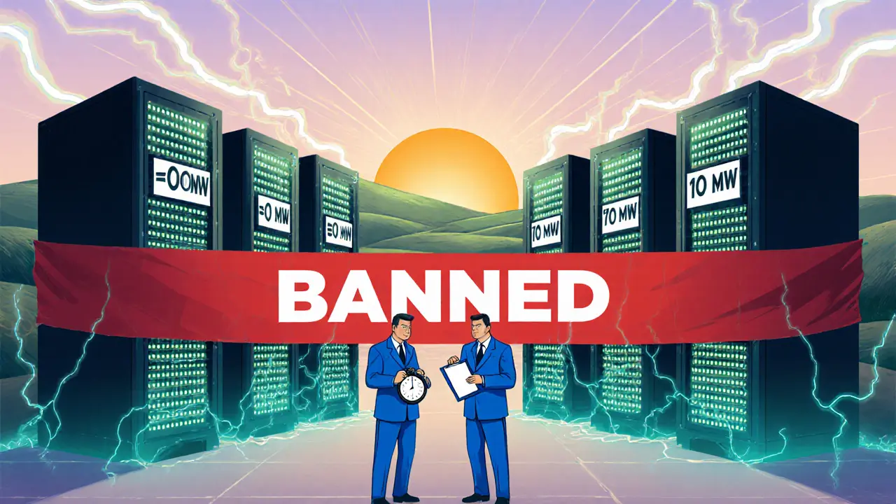 Officials halt a large crypto mining farm with a red banned banner in the foreground.
