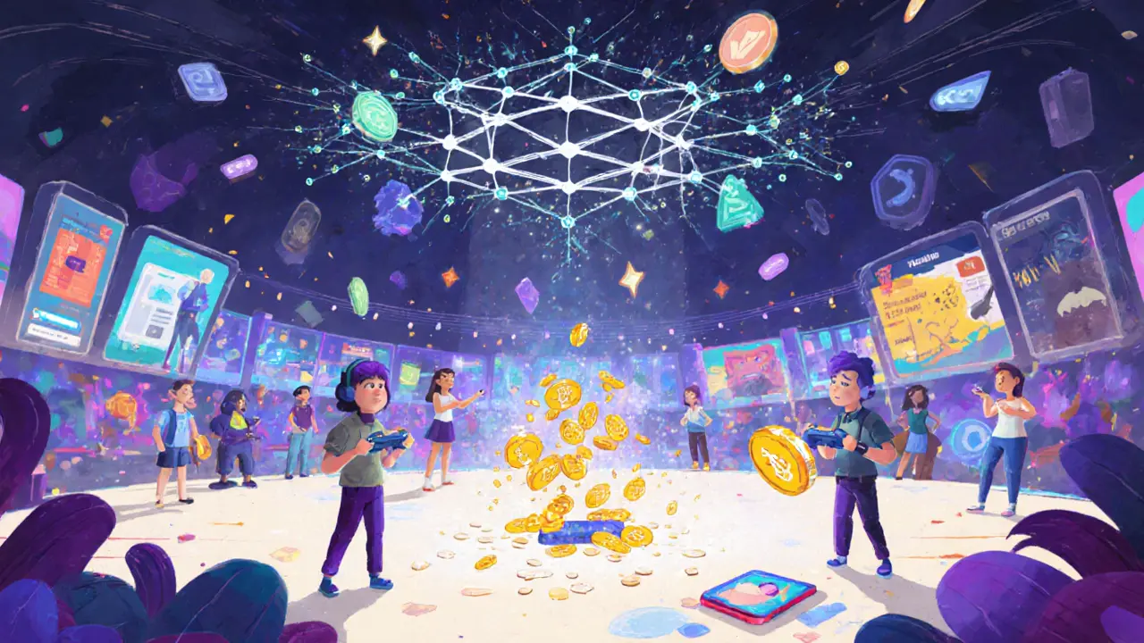 Players in a game arena sending instant QKC tips to avatars and IoT devices, with a glowing network of shards above.