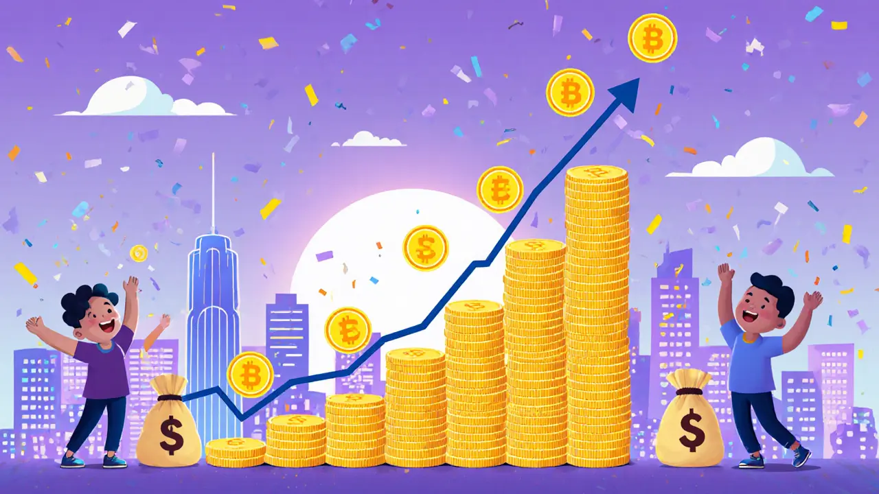 Rising CRTS coin graph with cheering characters and a city skyline representing market impact.