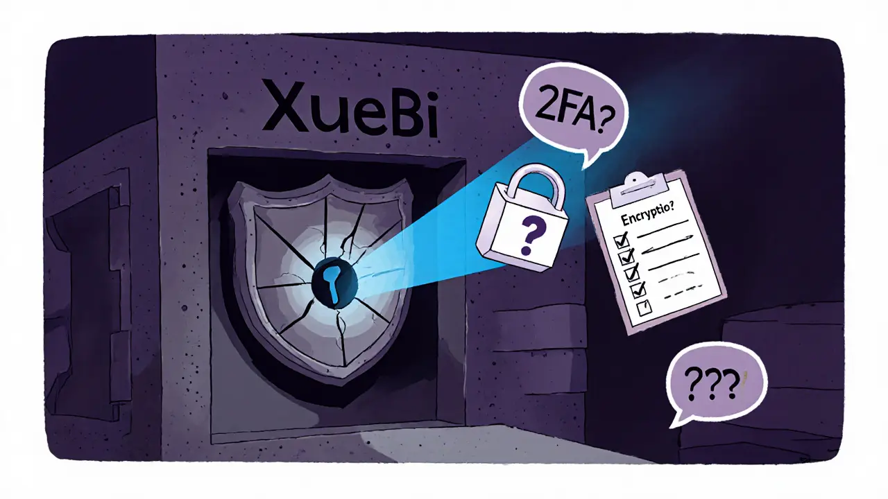 Shield and lock symbols illustrate XueBi's security and regulatory gaps.