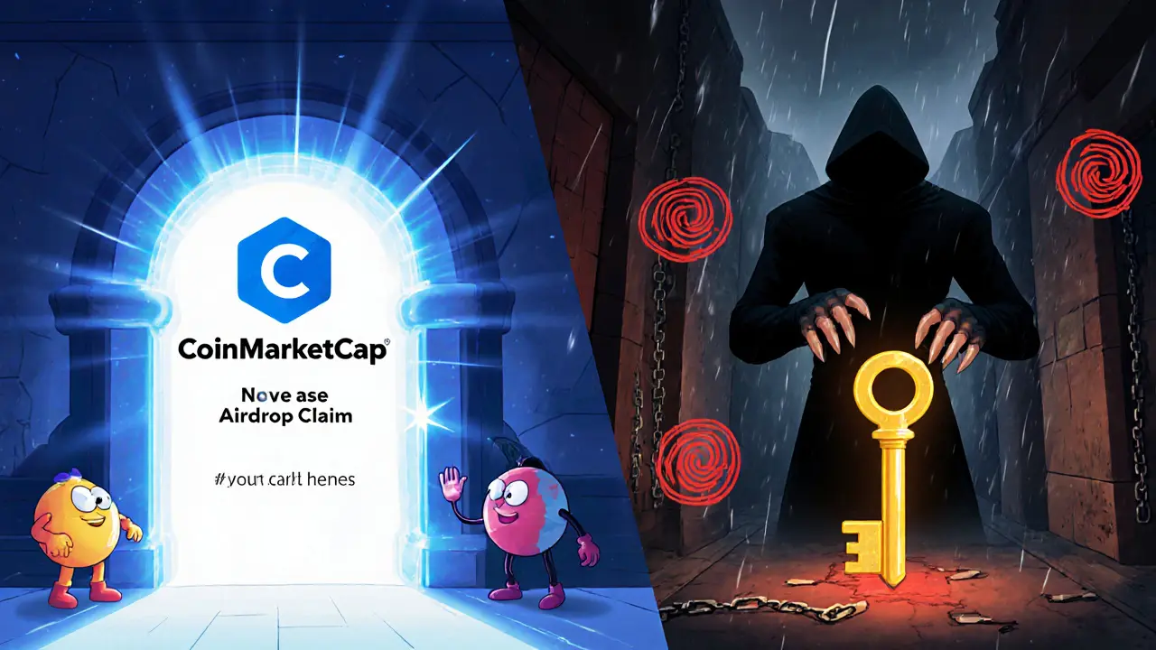 Split scene showing safe CoinMarketCap portal versus shady scam figure.