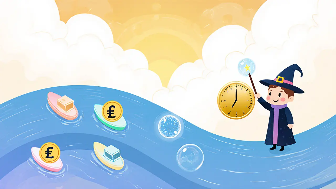 Storybook illustration of a smooth river curve with stablecoin boats and a wizard adjusting the AMM.