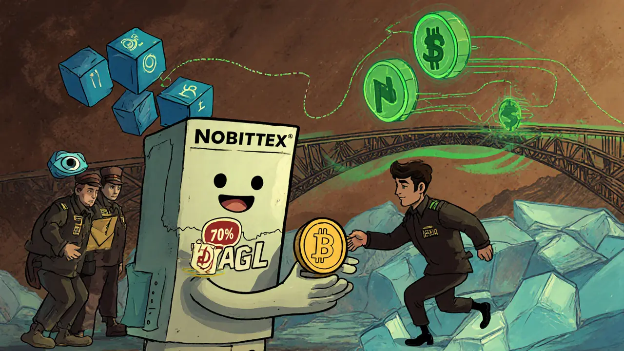 Storybook scene of Nobitex exchange, IRGC wallets, VPN tunnels, and USDT to DAI bridge.