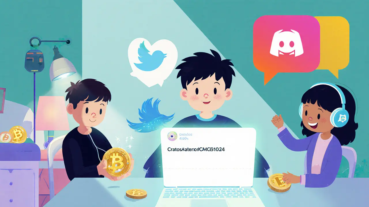 Three avatars complete airdrop steps: retweet on Twitter, chat on Discord, and hold CRTS tokens.