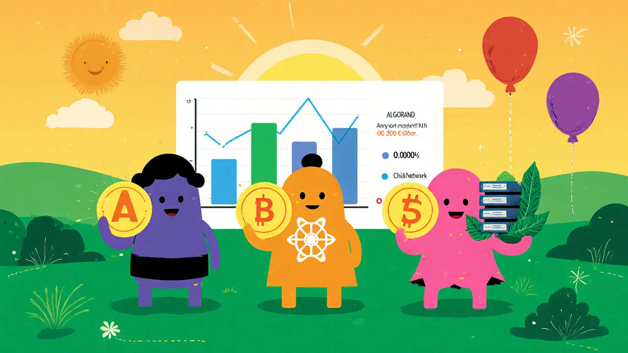 Three cartoon characters holding tokens illustrate Algorand, Hedera, and Chia with low energy usage.