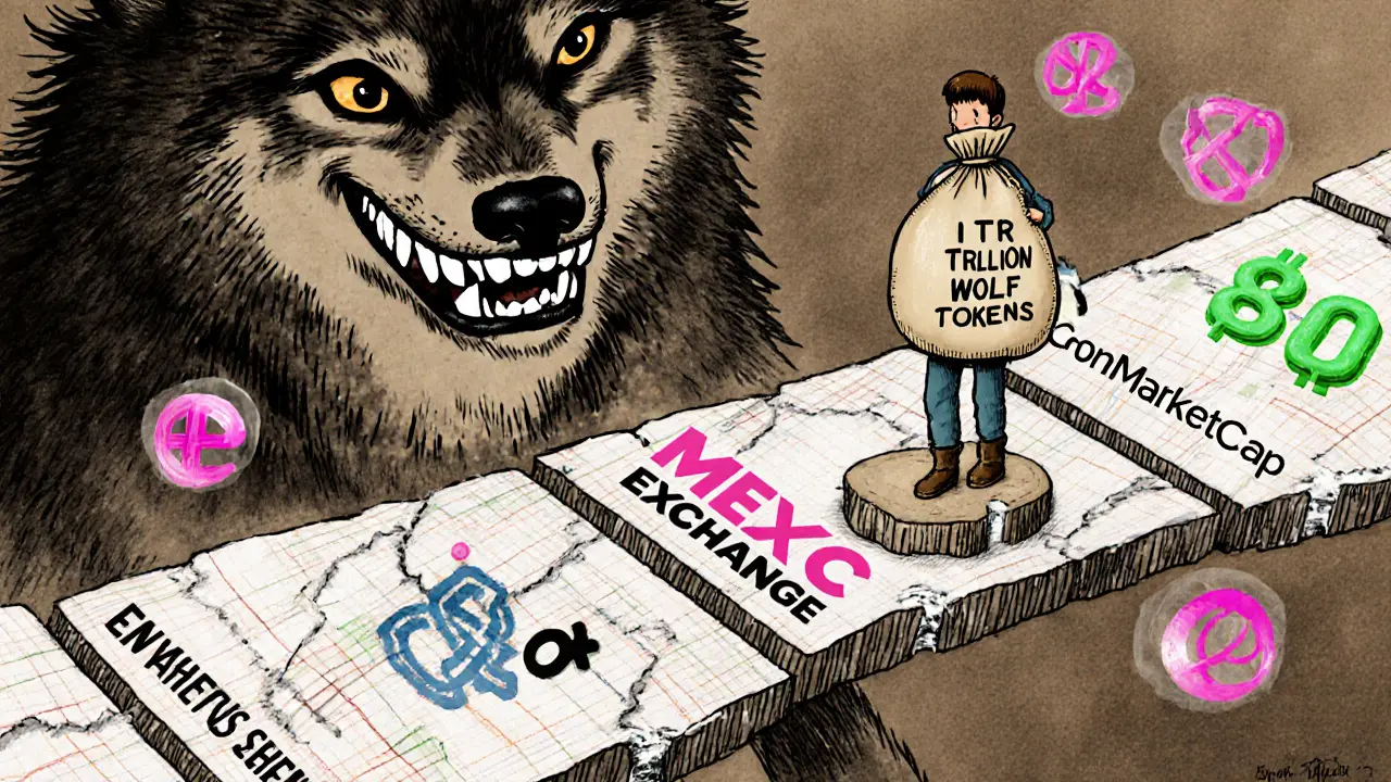 Tiny trader on a crumbling bridge of trading charts, giant wolf shadow looming behind.