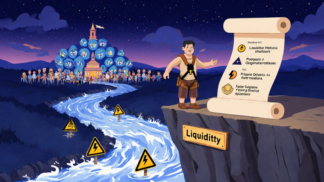 Trader on a cliff with volatility river, OLE town hall voting scene, and roadmap scroll.