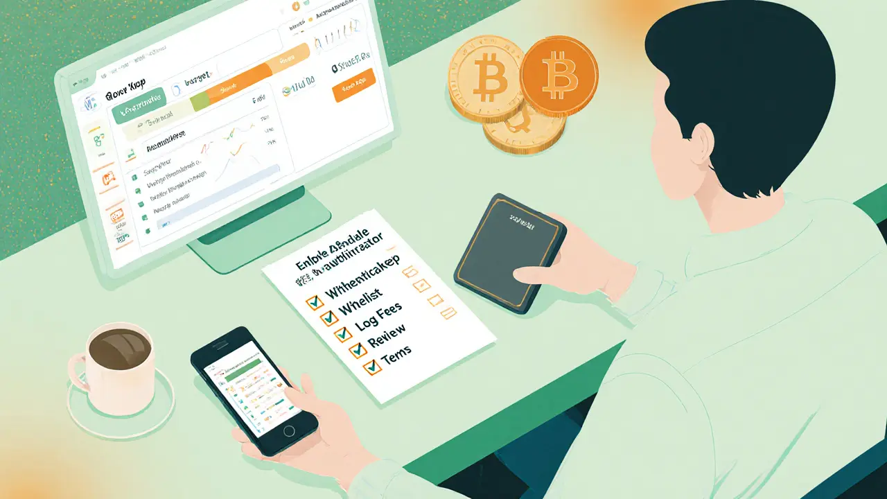Trader using a hardware wallet and checklist beside a small XueBi balance.