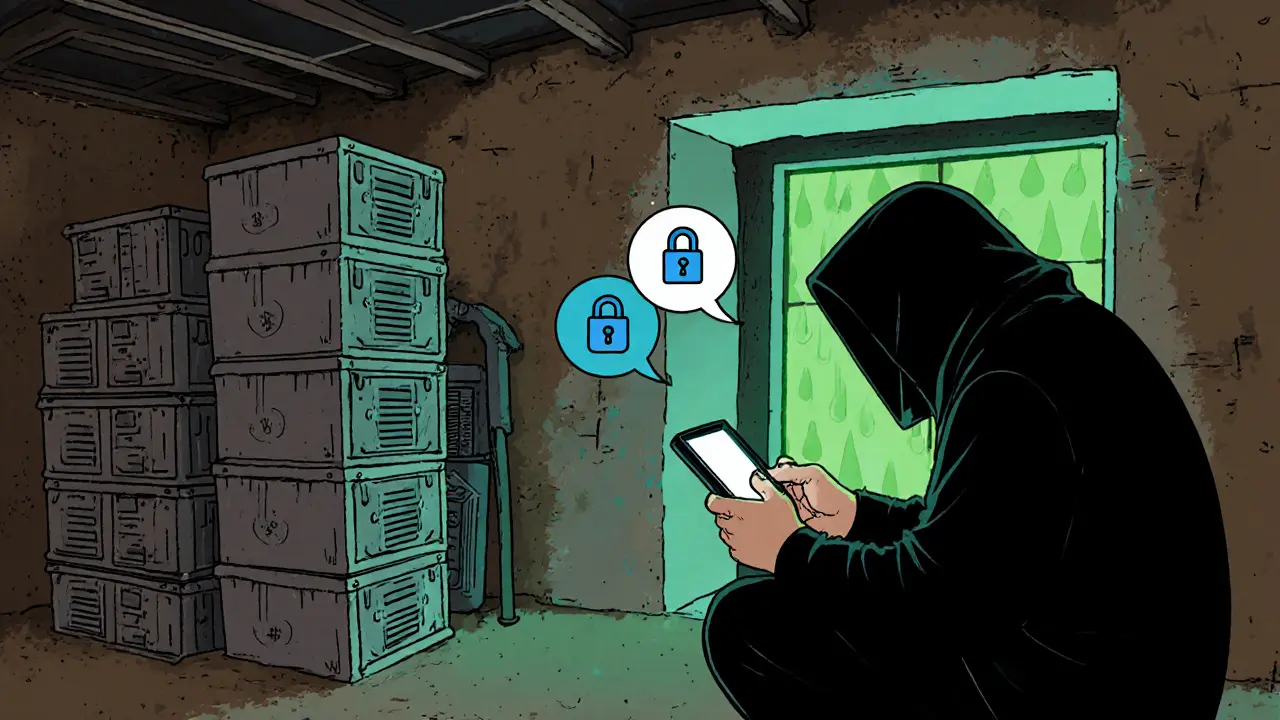 Underground basement filled with mining rigs and a trader using an encrypted app on a tablet.