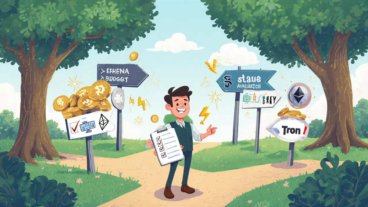Validator at a forked path with signs for different blockchains, holding a checklist amid floating cost icons.