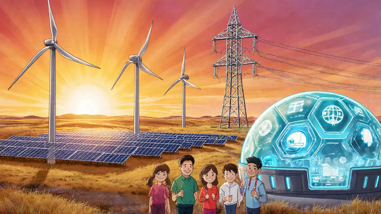 Wind turbines, solar panels and an HVDC tower illuminate a hopeful renewable future.