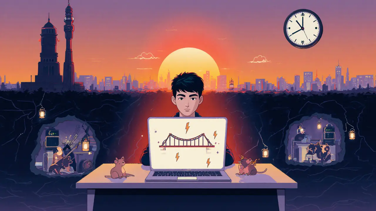 Young hacker uses DAI on Polygon while a government tower looms, miners work underground.
