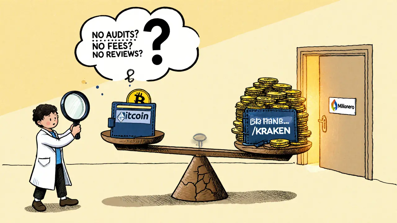 A balanced scale comparing safe small trading on Millionero versus risky large trading on unverified exchanges.
