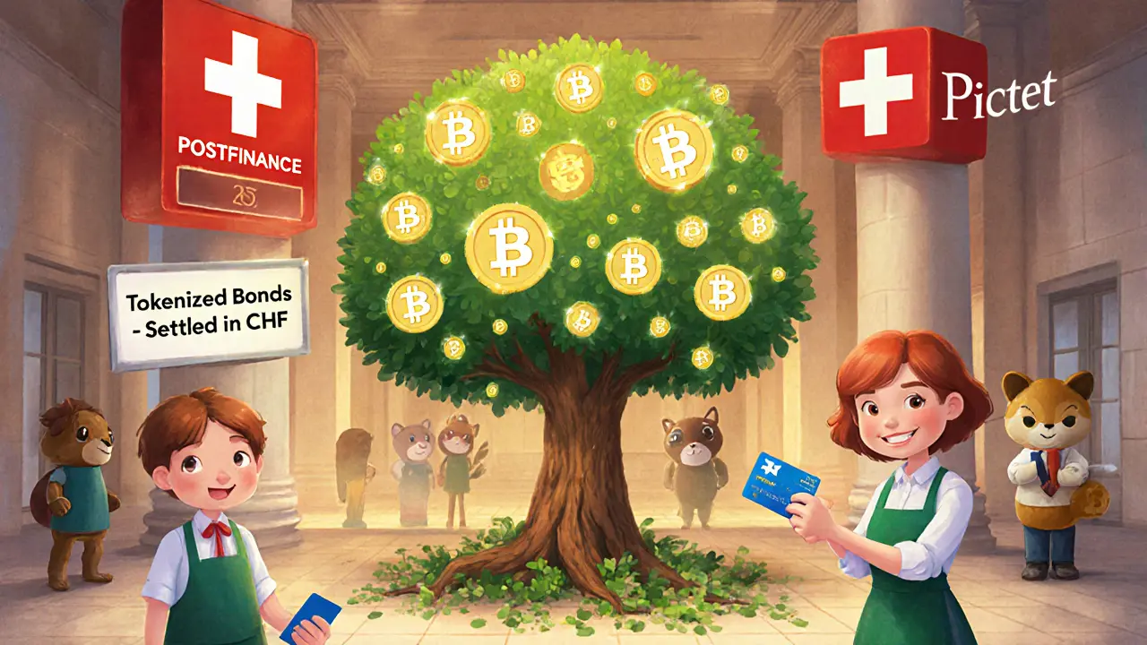 A bank lobby with a blockchain tree growing from the floor, employees handing out crypto cards, and financial mascots overseeing tokenized bonds.