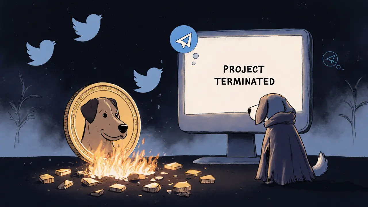 A broken DOGMI coin lies in a dark digital wasteland as a sad dog stares at a blank screen saying &#039;Project Terminated&#039;.