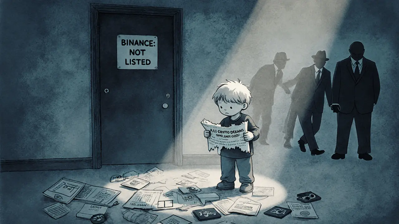 A child facing a &#039;Not Listed&#039; door while scammers slip away in shadows.