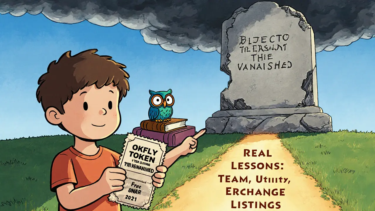 A child holding a faded OKFLY ticket while standing before a crumbling monument, guided by a wise owl toward a better path.