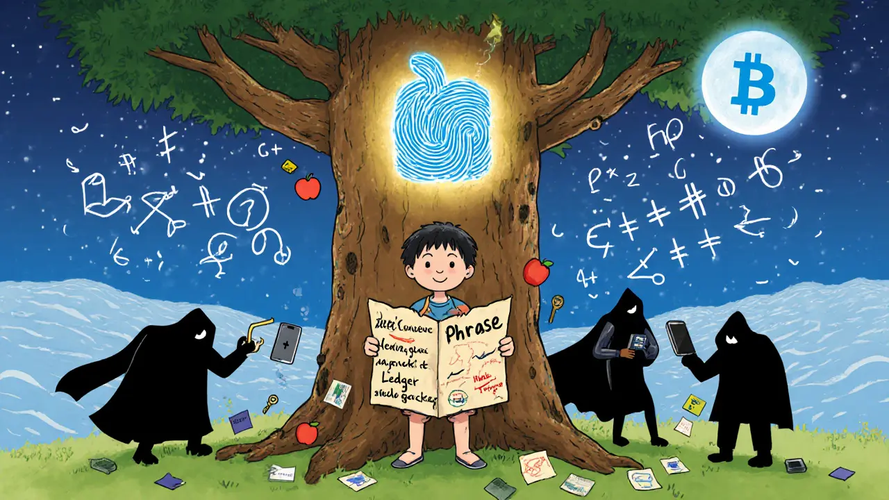 A child holding a seed phrase map under a hardware wallet tree, while shadowy figures try to steal keys from phones and sticky notes.