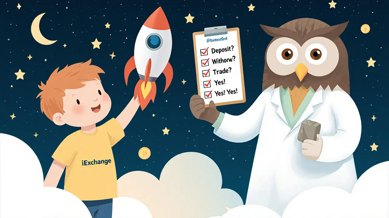 A child launching a toy rocket labeled iExchange, while a wise owl holds up a real rocket with trading features checked off.