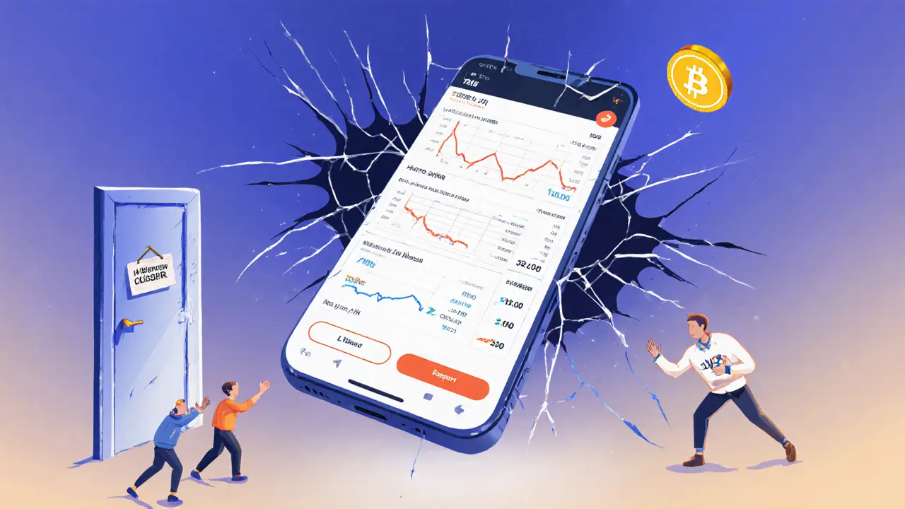 A cracked mobile app showing a void beneath, with a useless UZX token and a closed support door.