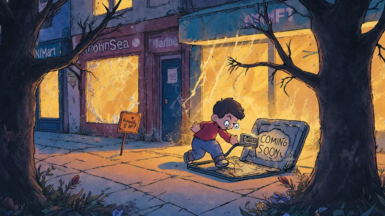 A creator tries to connect a broken NFMart device while other platforms thrive nearby.